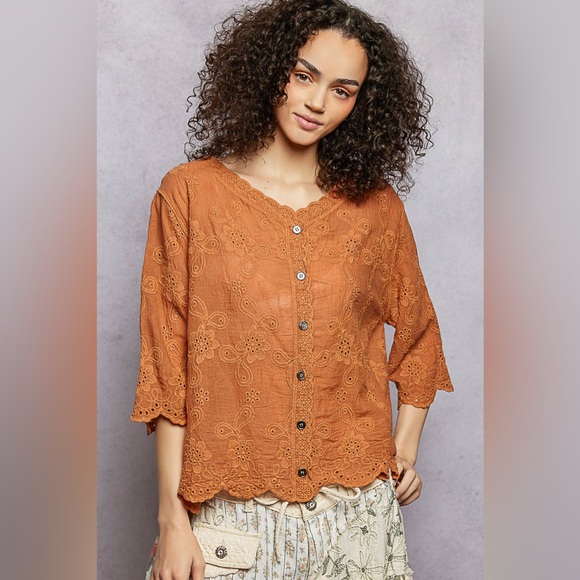 POL Floral Eyelet V-Neck Salloped Shirt - Picture 2 of 7